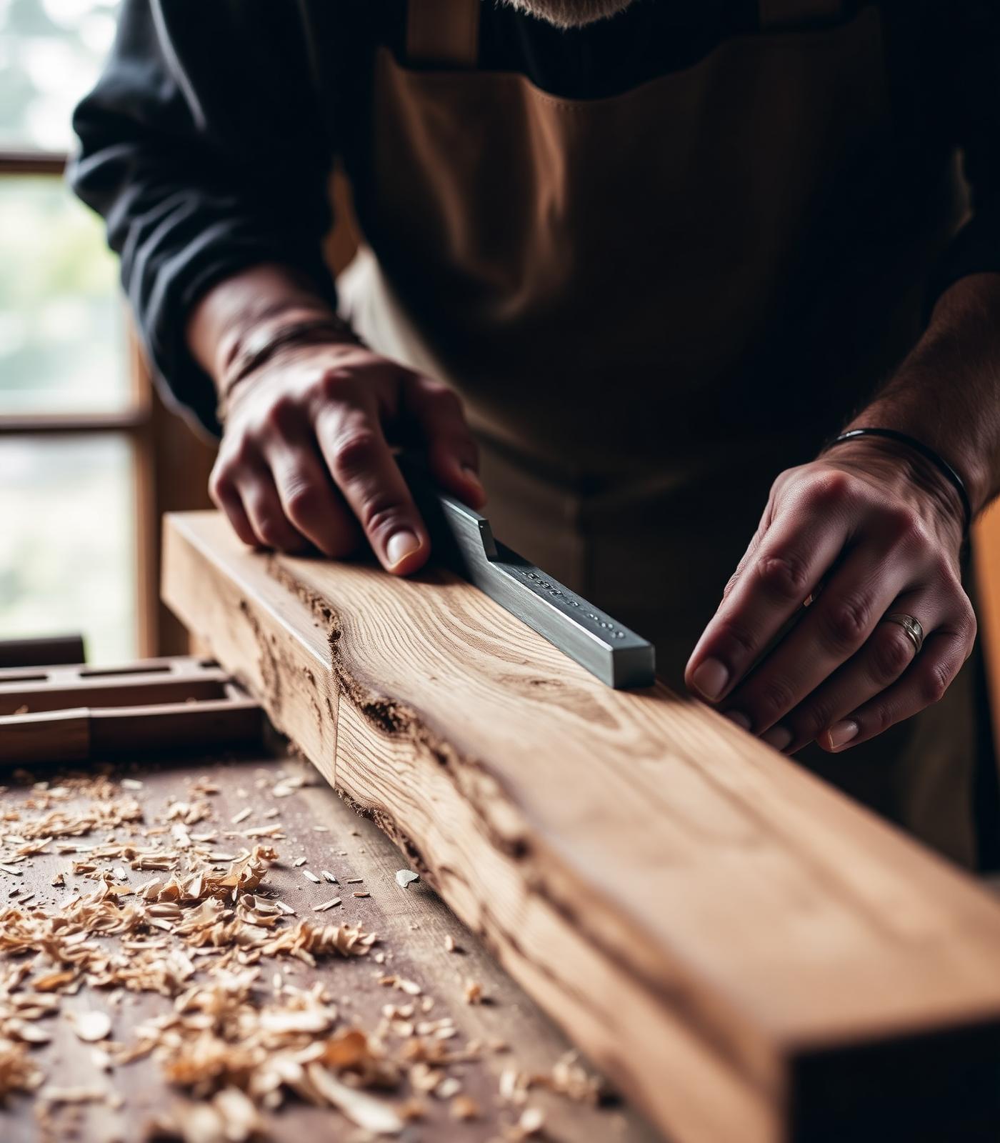 A carpenter planing a slab of warm oak in soft window light