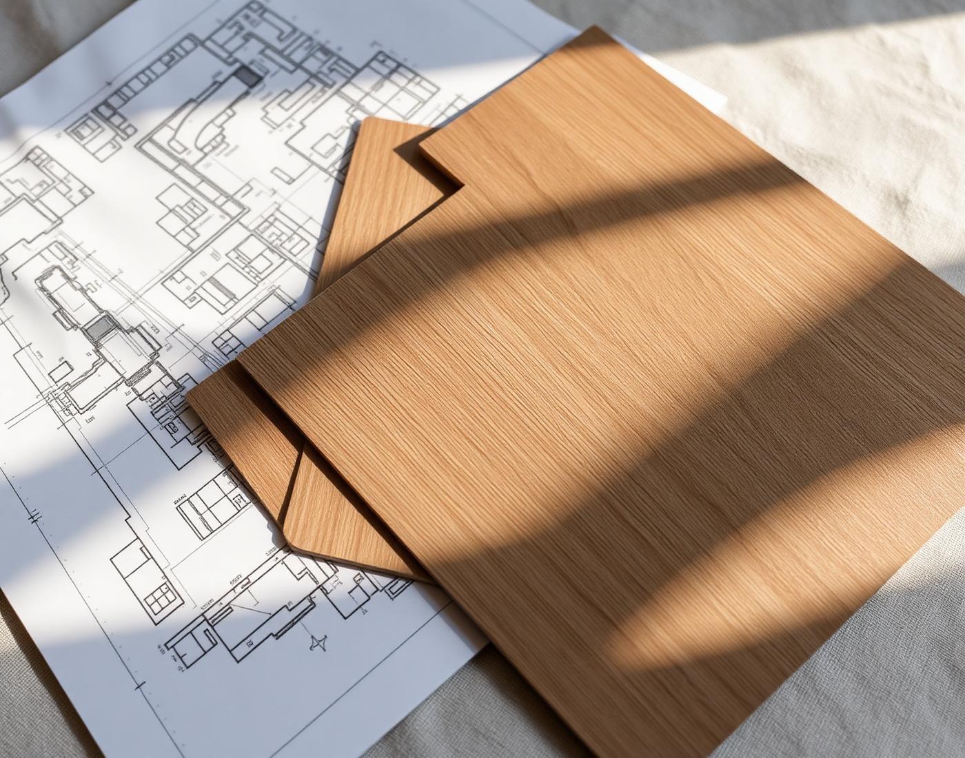 Hand-drawn architectural plans laid out with oak veneer samples
